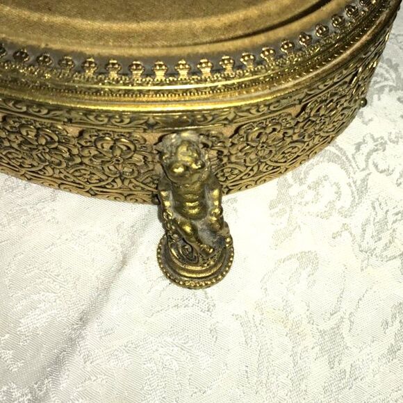 Incredible antique jewelry casket; beveled glass cherub corners gold filigree - Picture 6 of 7